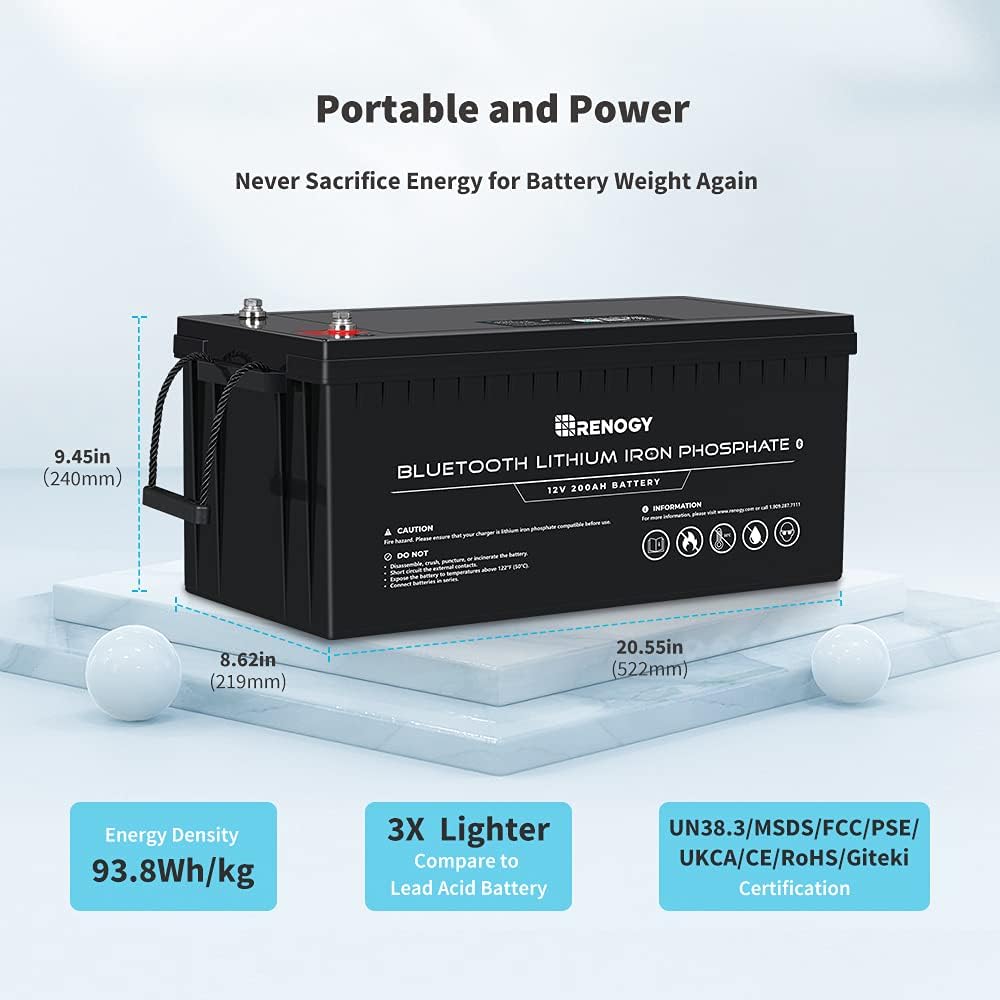 Renogy 12V 100Ah LiFePO4 Deep Cycle Lithium Battery with Bluetooth, 2000 Life Cycles, Built-in BMS, Backup Power Perfect for RV, Camper, Van, Marine, Off-Grid Home Energy Storage