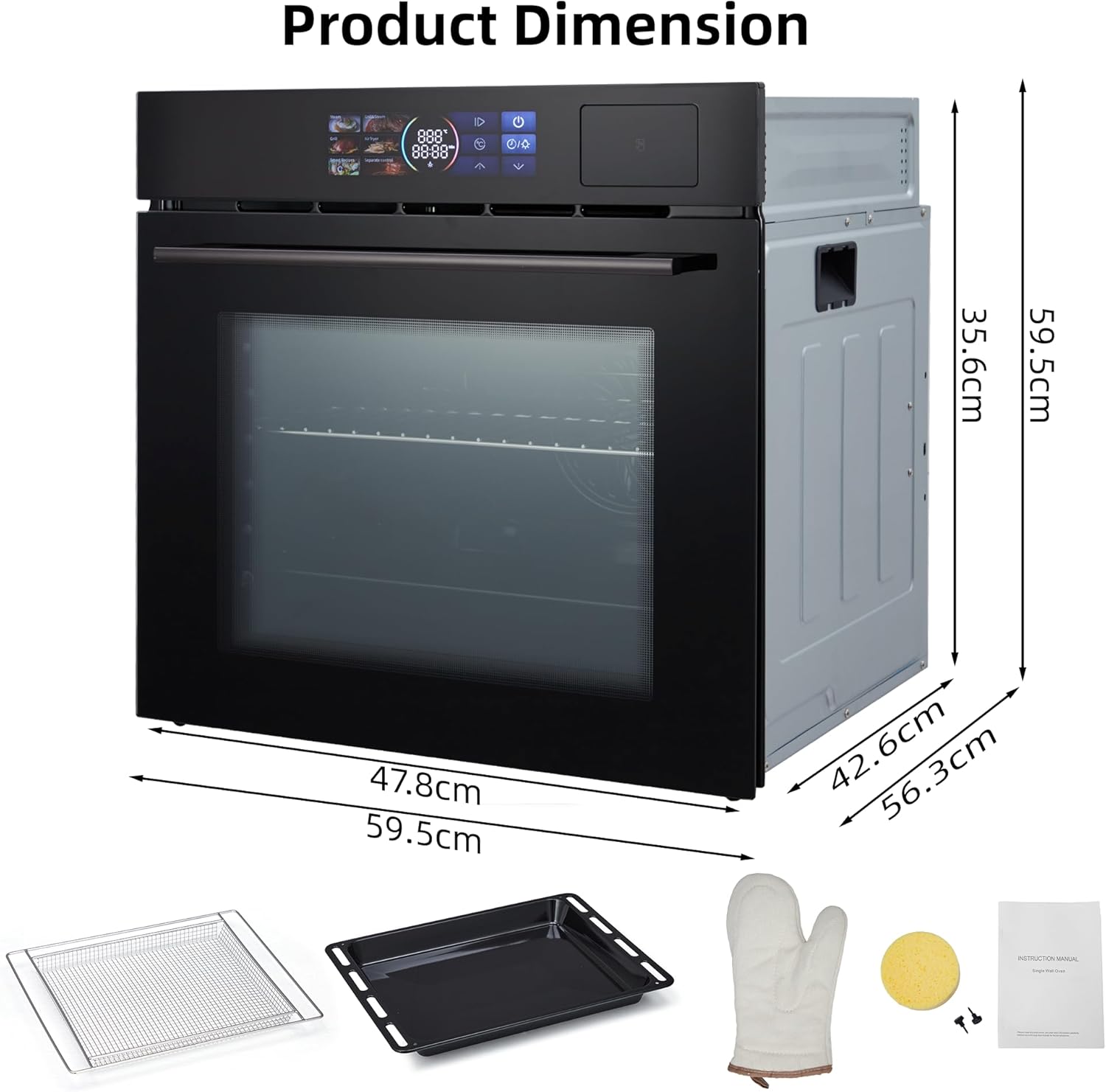 24" Built-in Electric Wall Oven, 2.5Cu.ft Capacity 3000W Single Wall Oven with Large View Window, Steam &Grill Oven 2 in1，8 Cooking Functions, 3D Surround Heating, Colorful LED Screen, Black
