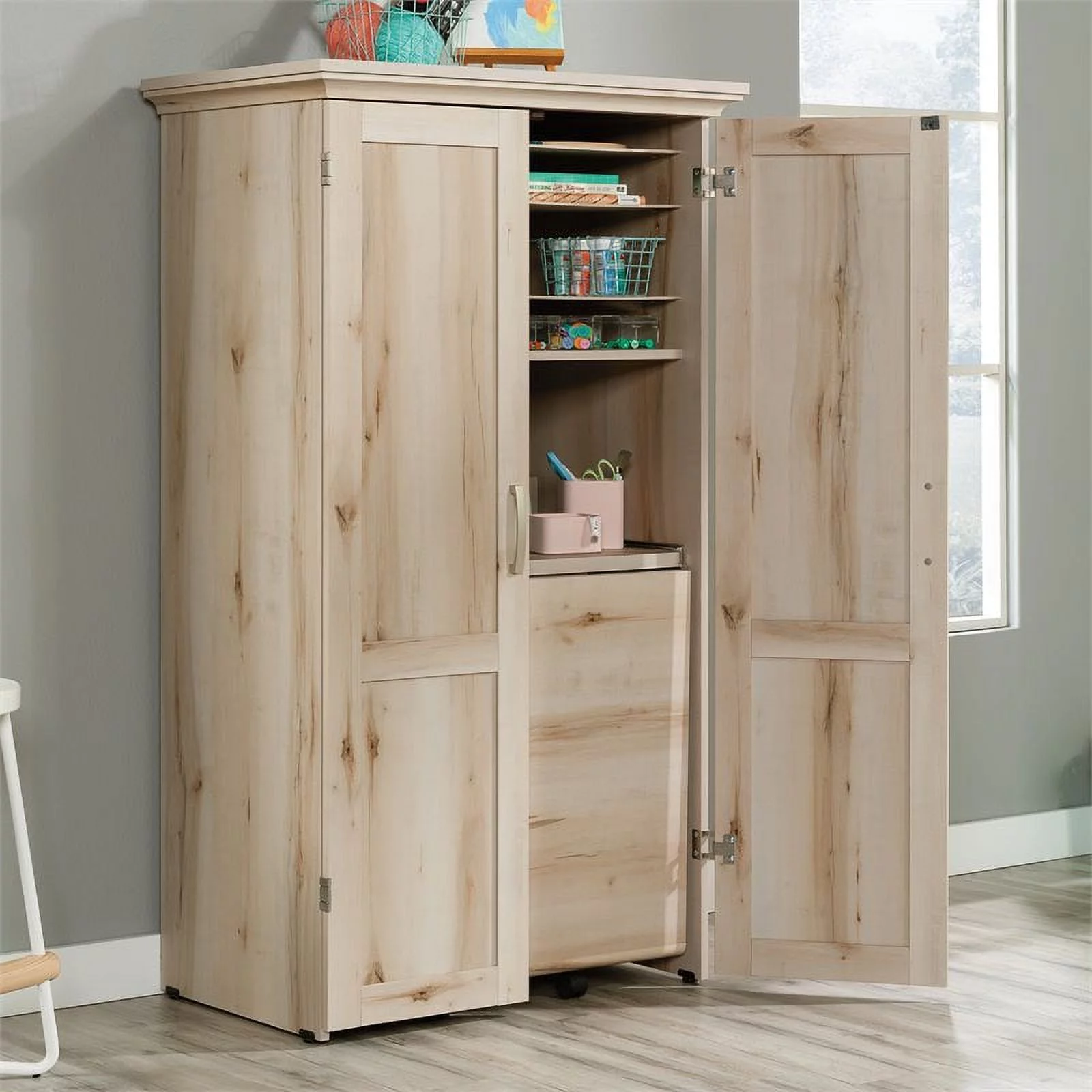 Pemberly Row Engineered Wood Multi-Purpose Storage Craft Armoire in Maple