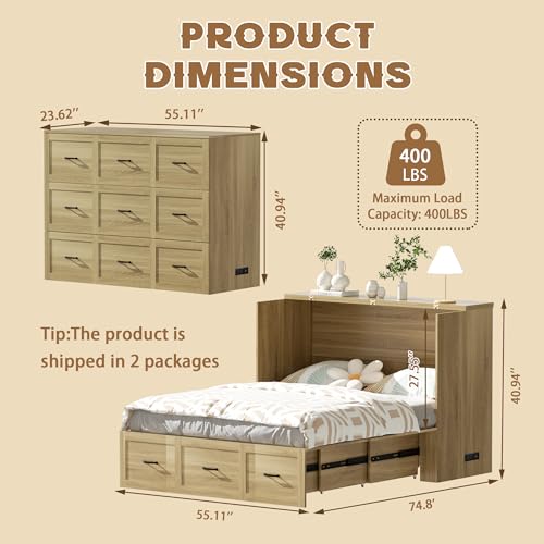 Full Size Murphy Bed Wood Wall Bed Cabinet with Large Drawer Space-Saving Hidden Foldable Platform Bed Chest Mobile Cabinet Bed Frame Storage Cabinet with USB Ports for Bedroom, Guest Room,Natural