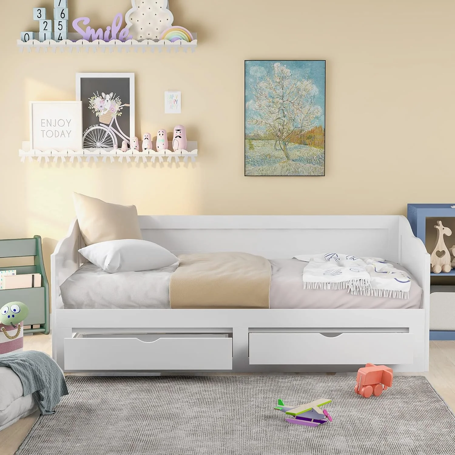 To King Daybed With Storage Drawers, Wood Extendable Daybed With Trundle, Kids Sofa Bed Frame For Bedroom Living Room, No Box Spring Needed ( To King, White)