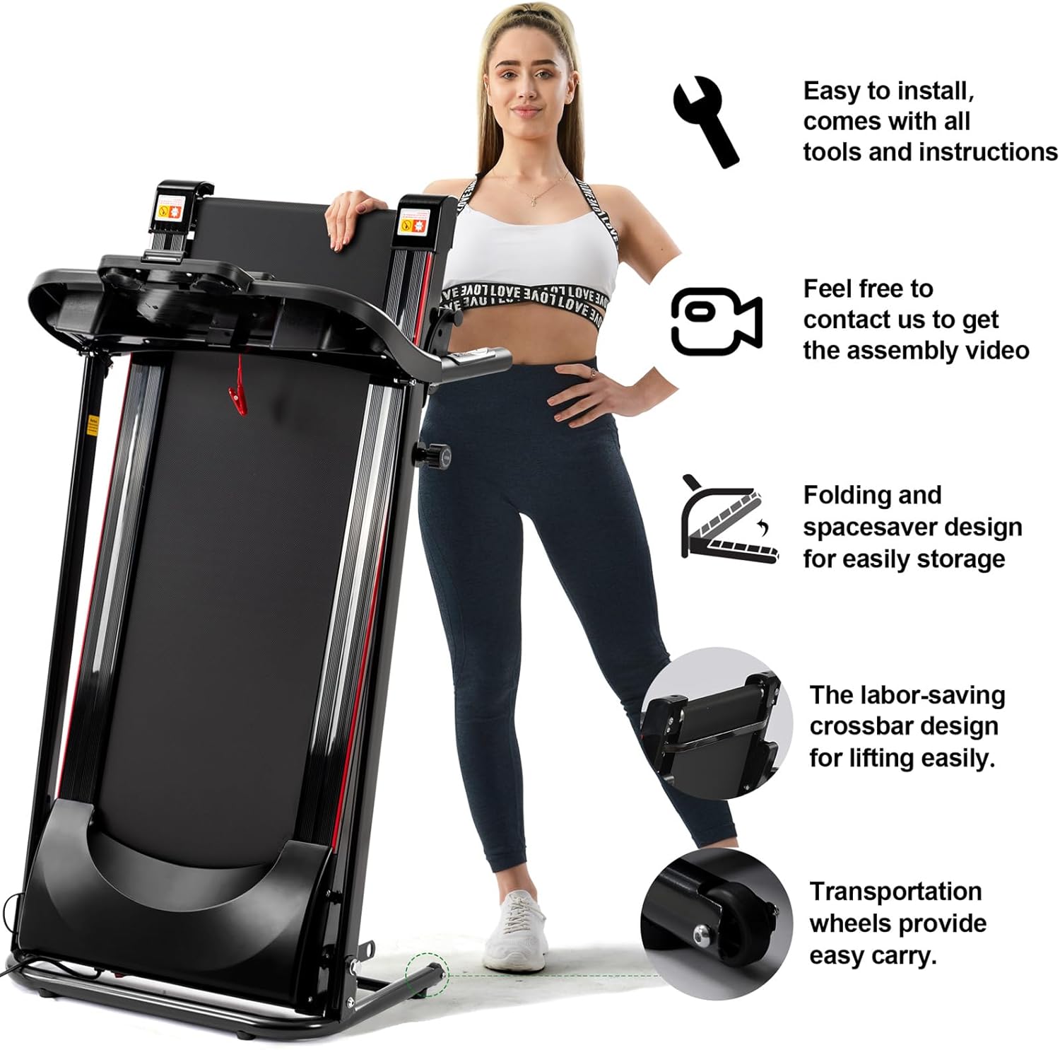 Folding Treadmill with Incline 2.5HP 12KM/H Electric Treadmill for Home Foldable, Bluetooth Music Cup Holder Heart Rate Sensor Walking Running Machine for Indoor Home Gym Exercise Fitness