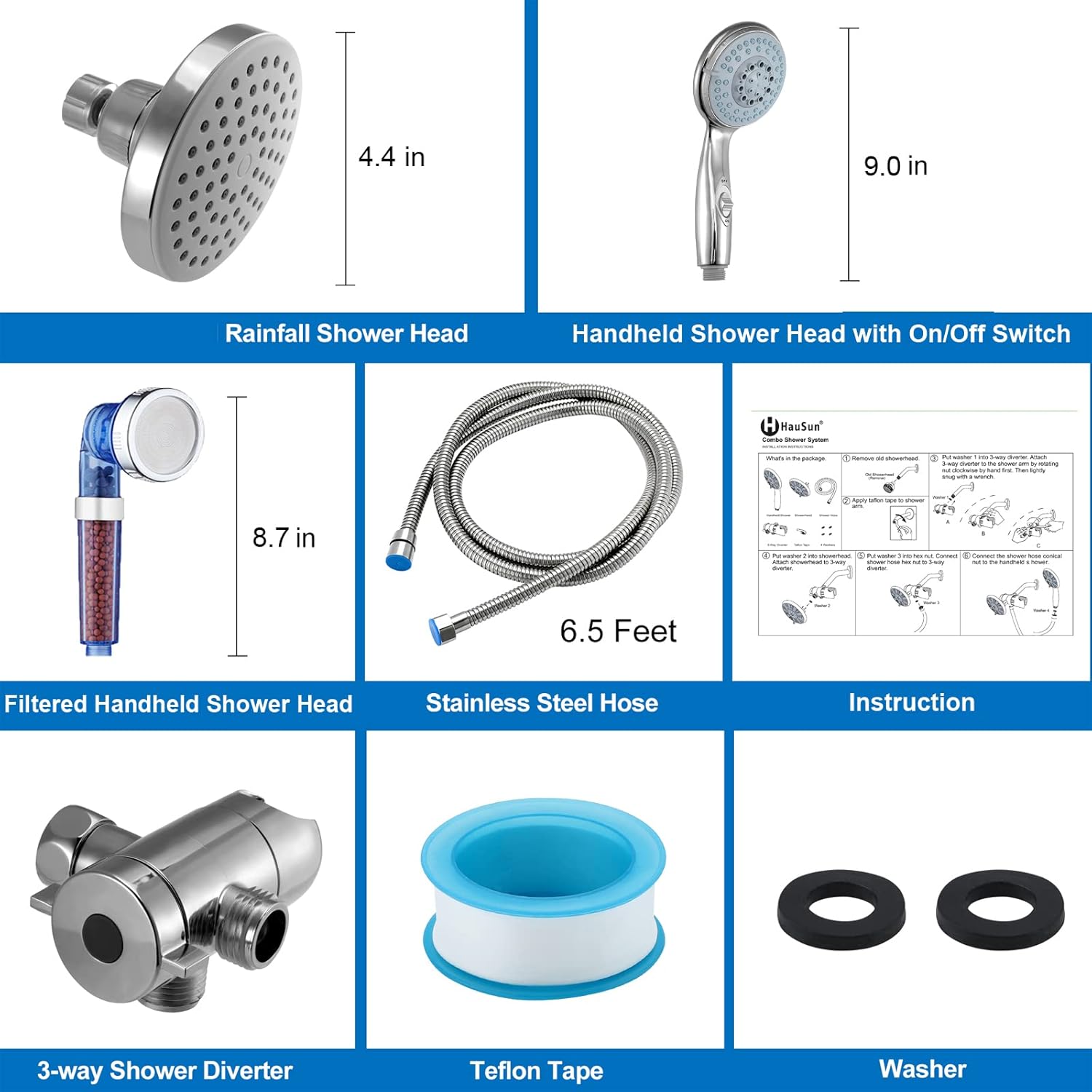 HauSun High Pressure Shower Head Combo, 5 Settings Handheld Shower Head with On/Off Switch & Rainfall Shower head, Premium 2-in-1 Dual Shower System with 6.5 FT Extra Long Hose,Chrome Pack of 2