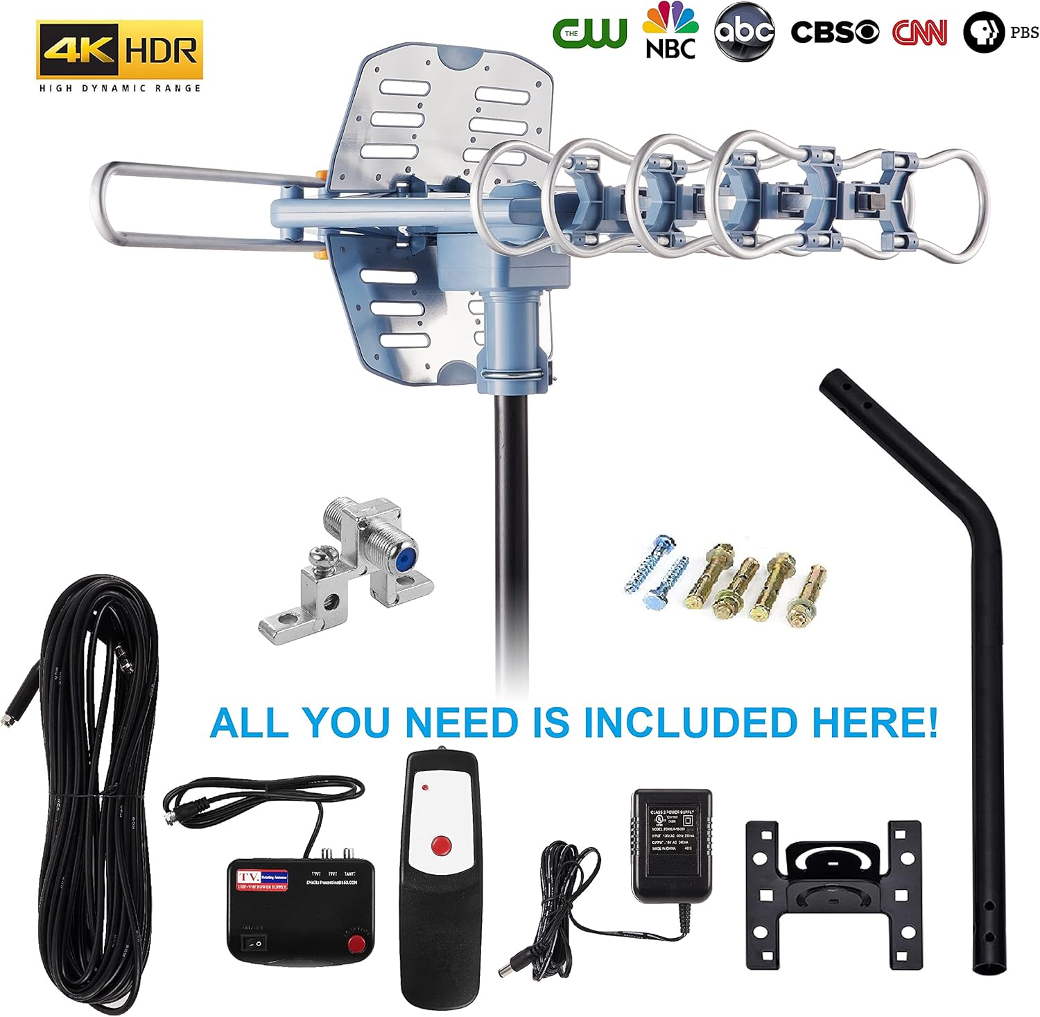 150 Miles Range Amplified Digital Outdoor TV Antenna with Mount Pole 4K/1080p High Reception/ 40feet RG6 Coaxial Cable/360 Degree Rotation Wireless Remote/ Snap On Installation/2 TVs Function