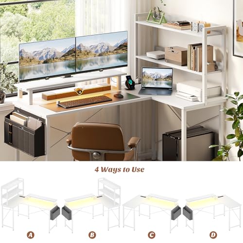 Homieasy L Shaped Computer Desk with Bookshelf, 47 Inch Reversible Corner Gaming Desk with Charging Station & Led Light, Home Office Desk with Hutch Monitor Stand Storage Shelves Bag, Black Oak