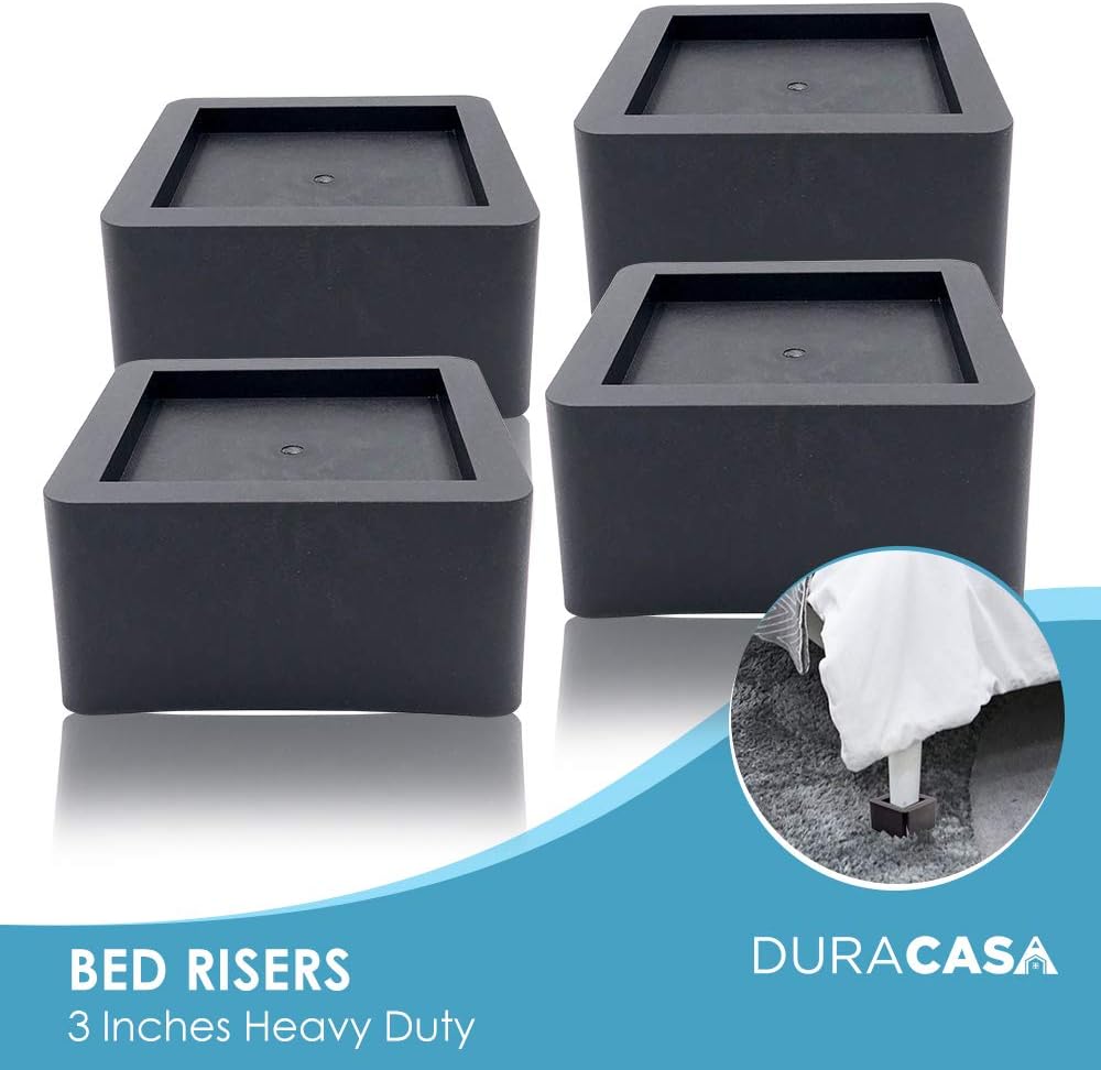 DuraCasa 3 Inch Bed Risers - Fits Huge 5.5 Inch Bed or Furniture Post, Creates an Additional 3 Inches of Height or Storage! Heavy-Duty Table, Chair, Desk or Sofa Riser (4, 3 Inch Black)