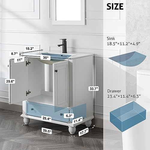 eclife 30" Bathroom Vanity Sink Combo Vintage Style with Painted Solid Wood Construction, Undermount Ceramic Sink W/Matte Black Faucet & Drain, Pure White