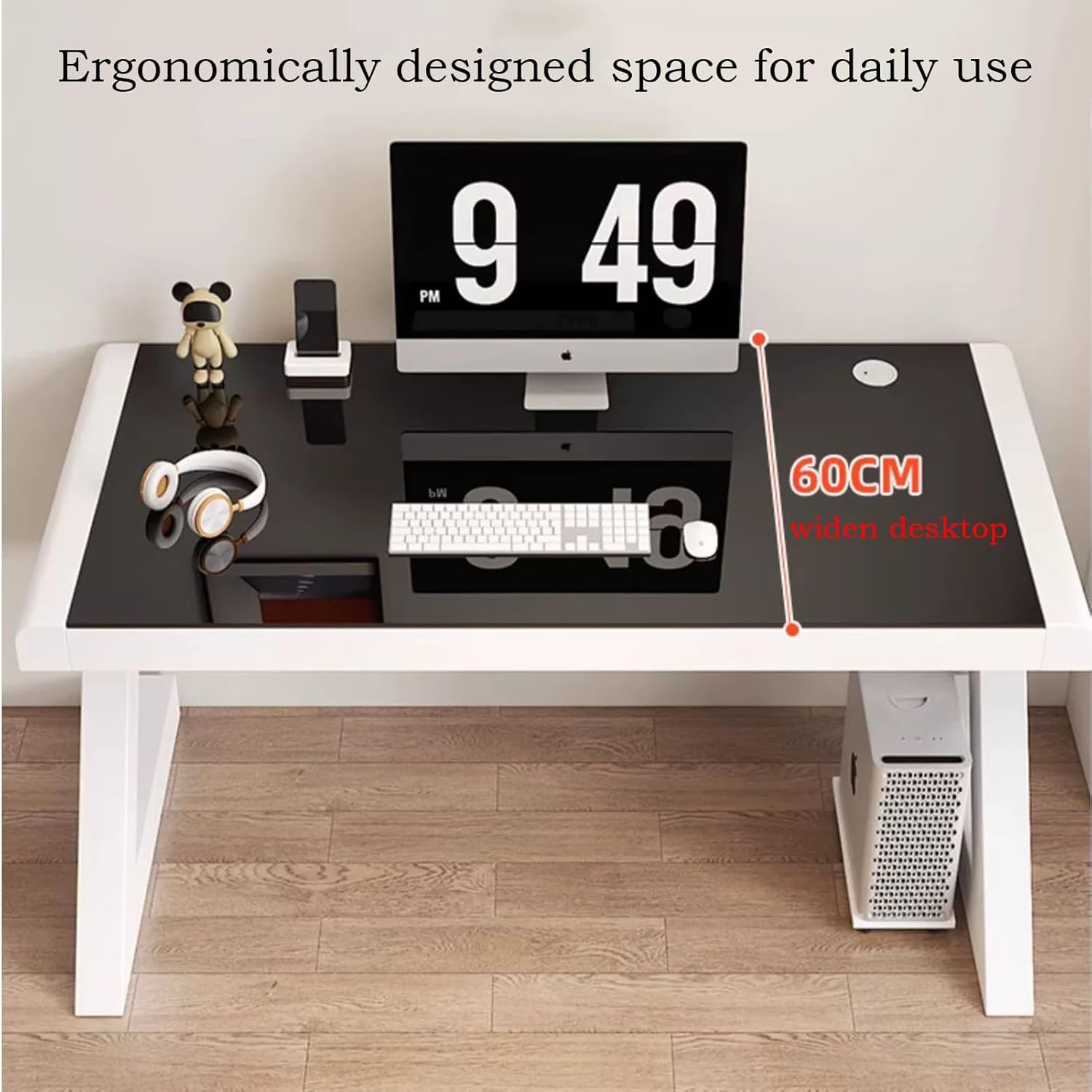 Modern Computer Desk Tempered Glass Large Office Desk with Threading Hole Storage Stand Study Writing Desk Easy to Install Computer Workstation for Home Office(Black,39.3 * 19.6'')