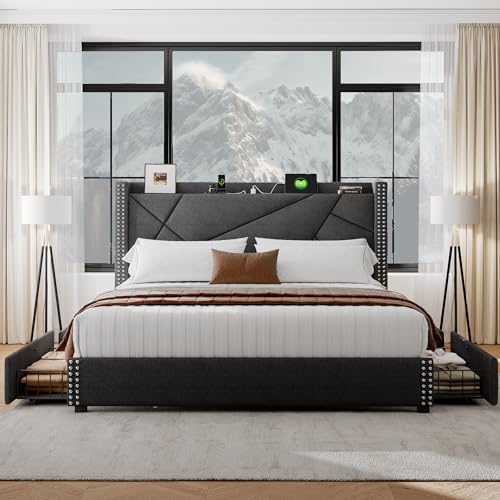 Upholstered Queen Bed Frame with 4 Storage Drawers, Platform Bed Frame with Charging Station, Modern Geometric Wingback Headboard, No Box Spring Needed, Easy Assembly, Light Grey