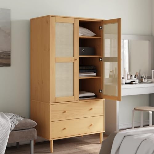 Wardrobe Rattan Look Brown 35.4"x21.7"x68.9" Solid Wood Pine,Pine Wood Wardrobe with Ample Storage and Rattan Look for Boho Decor Armoires & Wardrobes for Bedroom