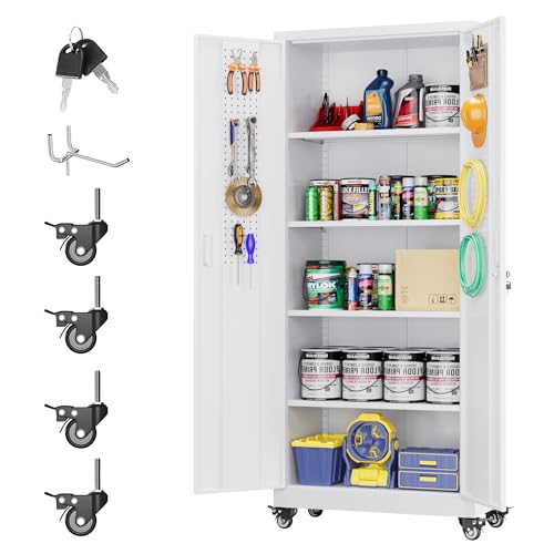 73" H Metal Storage Cabinet with Wheels, Garage Storage Cabinet with 4 Adjustable Shelves and Lockable Doors for Garage Home Office Utility Room,Required Assembly,Black