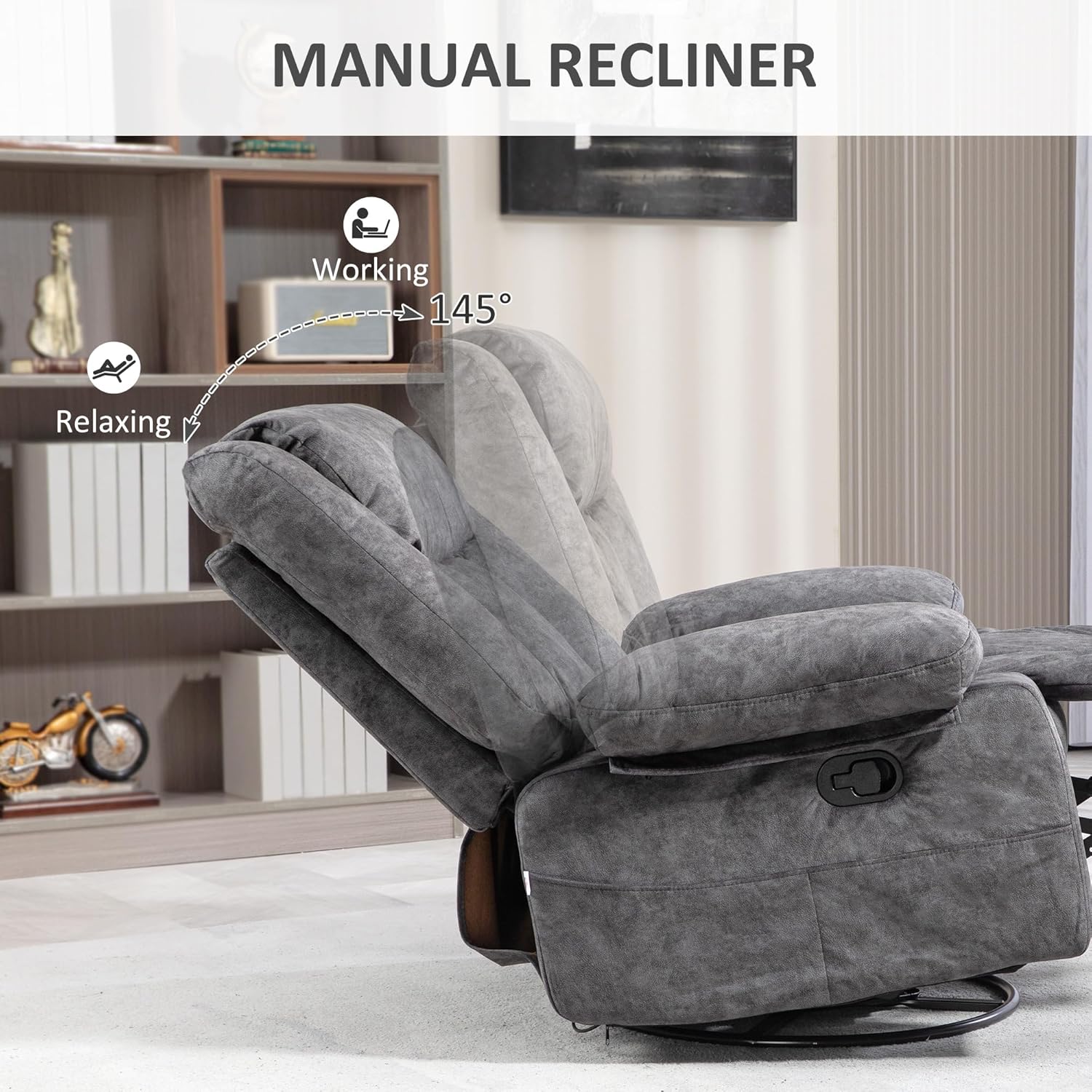 Swivel Rocker Recliner Chairs - Manual Recliner Chair with 360 Degree Swivel and Rocking Function, Gray Recliner Chair with Side Pockets and Metal Base, Heavy Duty Recliner for Living Room