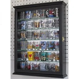 Shot Glass Display Case Cabinet Holder Rack Shadow Box with Glass Door-Black Finish