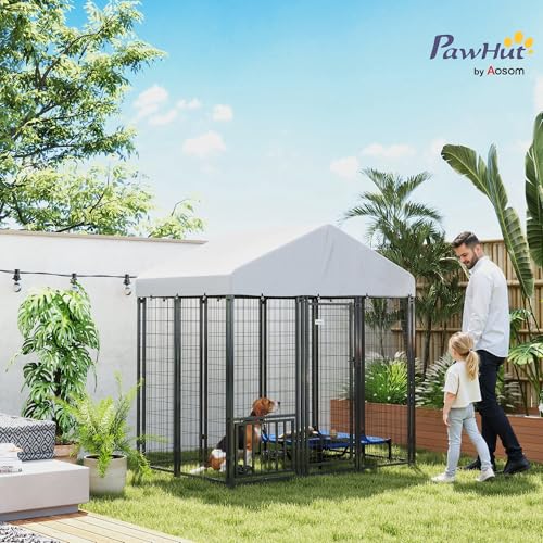 PawHut 4.6' x 4.6' x 5' Dog Kennel Outside, Welded Wire Outdoor Dog Kennel Run with Waterproof & UV Resistant Cover, for S&M Breeds, Chickens, Ducks, Black