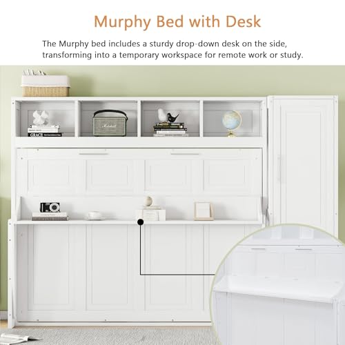 Linique Full Size Murphy Cabinet Storage Wall Bed with Closet and Drawers and Built-in Top Shelf,Hide a Bed on a Wardrobe Space Saving Design,Gray