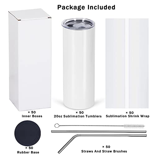50 Pack Sublimation Tumblers Bulk 20 oz Skinny Straight，Stainless Steel Sublimation Blanks Skinny Tumbler Cups White, Individually Boxed