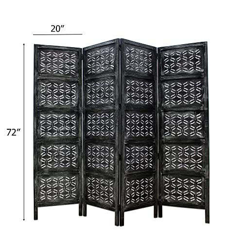 Room Divider Wood Screen - Ghanti Bells Antique Brown - 4 Panel Folding 72 x 80 - Assembled Hand Carved Decorative Functional Versatile Portable Partition Reversible Privacy Boho - COTTON CRAFT
