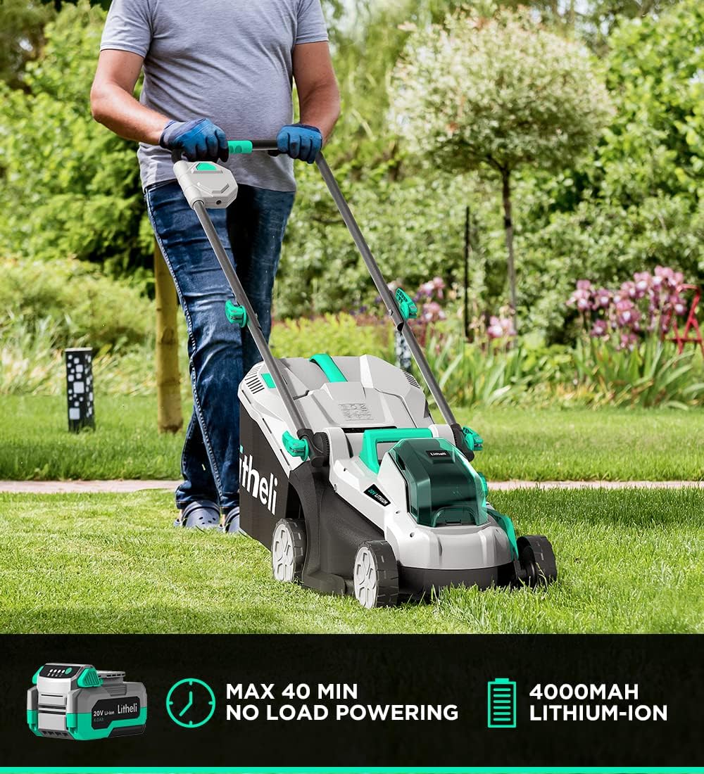 Litheli Cordless Lawn Mower 13 Inch, 5 Heights, 20V Battery Lawnmower for Garden, Yard and Farm, with Brushless Motor, 4.0Ah Battery & Charger Included
