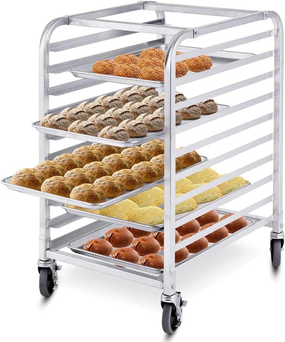 10 Tier Sheet Pan Rack, Commercial Aluminum Full & Half Bun Pan Bakery Rack with Brake Wheels for Restaurant Home Kitchen