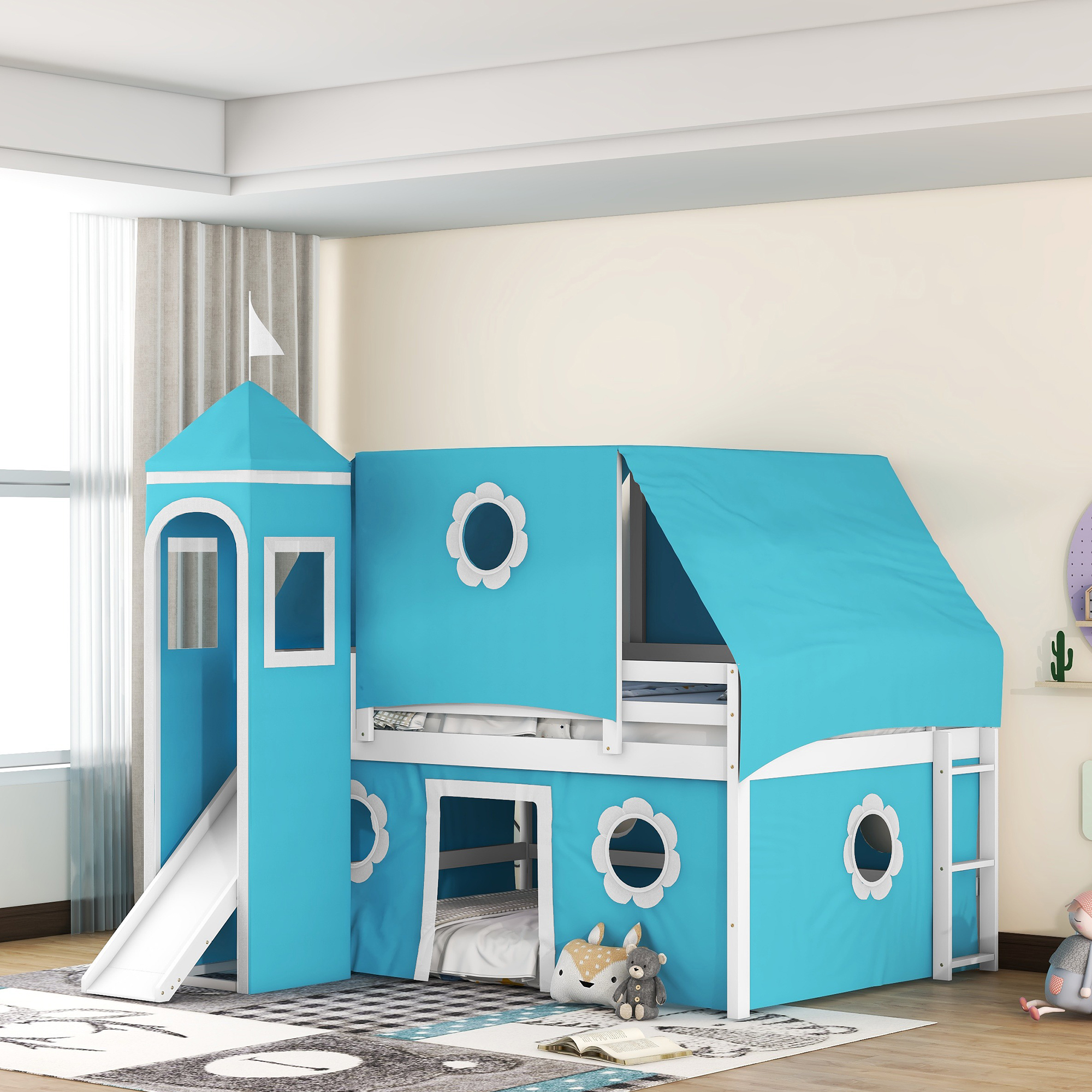 Wood Bunk Bed with Ladder & Safety Guardrail, Solid Wood Bed Frame for Dormitory & Multiple-Child Family, Bunk Bed with Slide Blue Tent and Tower(Blue, Full)