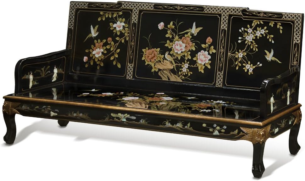 ChinaFurnitureOnline Wooden asian Sofa Chair, Black Lacquer Chinoiserie with Pearl Maidens