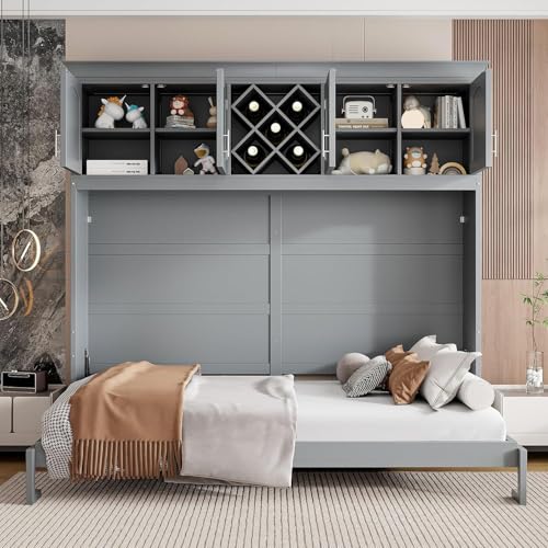 MERITLINE Queen Horizontal Murphy Bed Cabinet with Storage Bookcase Shelves and Charging Station,Wood Folding Grey Murphy Wall Bed for Adult