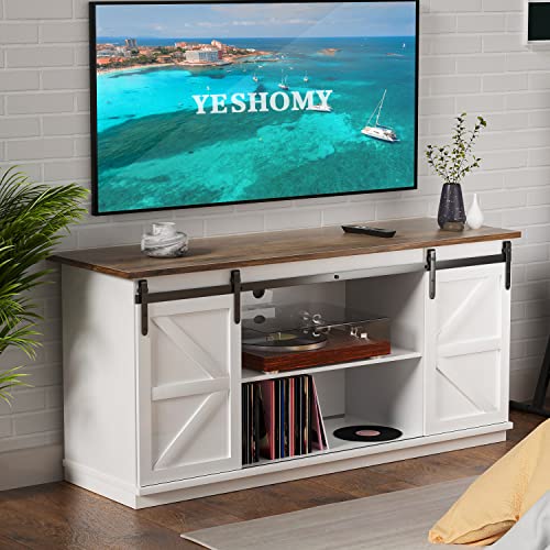 YESHOMY Farmhouse TV Stand for Televisions up to 65 Inches, Sliding Barn Doors and Storage Cabinets, Console Table and Media Furniture for Living Room, 58 Inch, Milk White