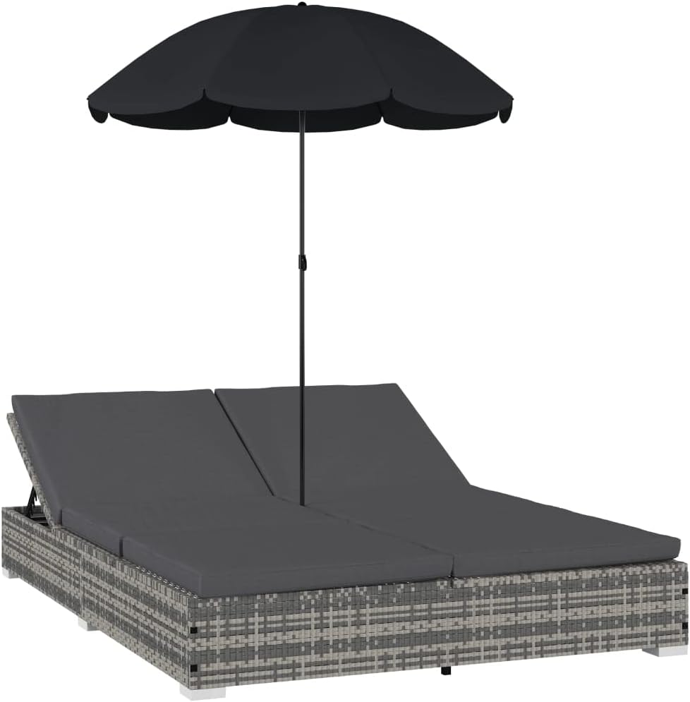 WWHZ Outdoor Lounge Bed with Umbrella Poly Rattan Gray