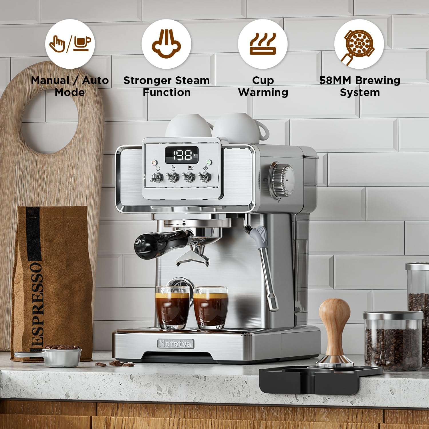Neretva Espresso Machine, 15 Bar LCD Display Espresso Maker Manual&Auto Mode Stainless Steel Espresso Coffee Machines with 60oz Water Tank&Milk Frother for Home Barista, Latte and Cappuccino Machine