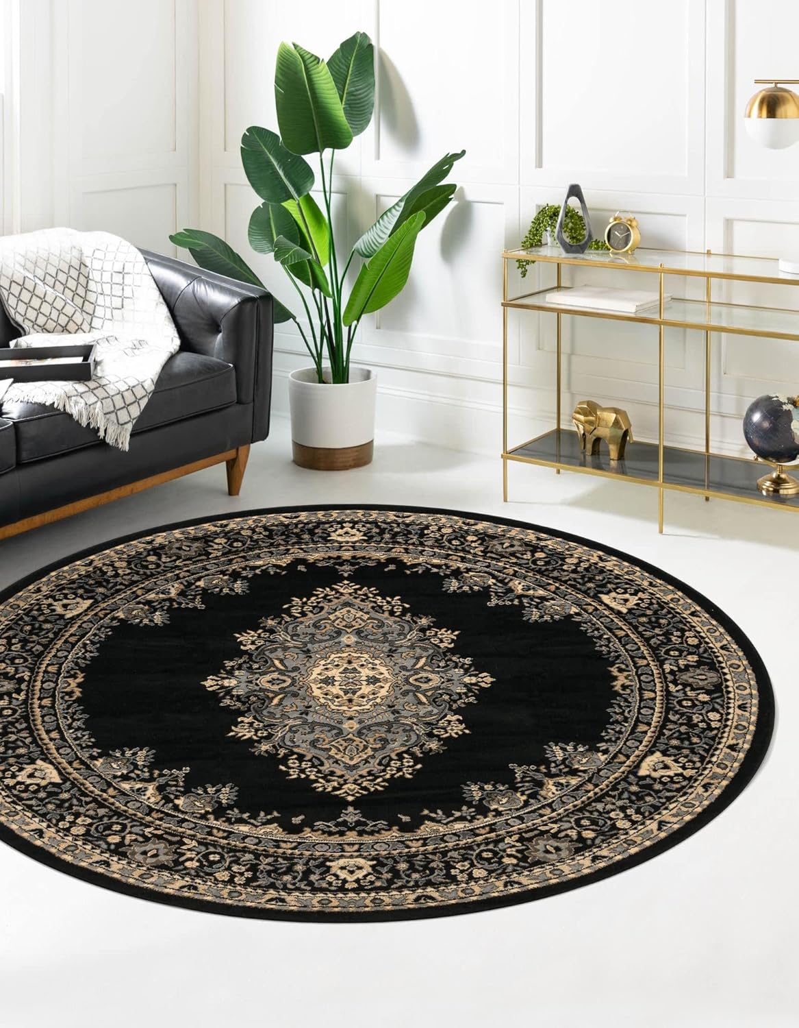 Rugs.com Amaya Collection Rug – 8 Ft Round Black Medium Rug Perfect for Kitchens, Dining Rooms