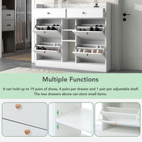 Modern Cabinet with 4 Flip, Multifunctional 2-Tier Storage Organizer with Drawers, Free Standing Shoe Rack for Entrance Hallway, Black