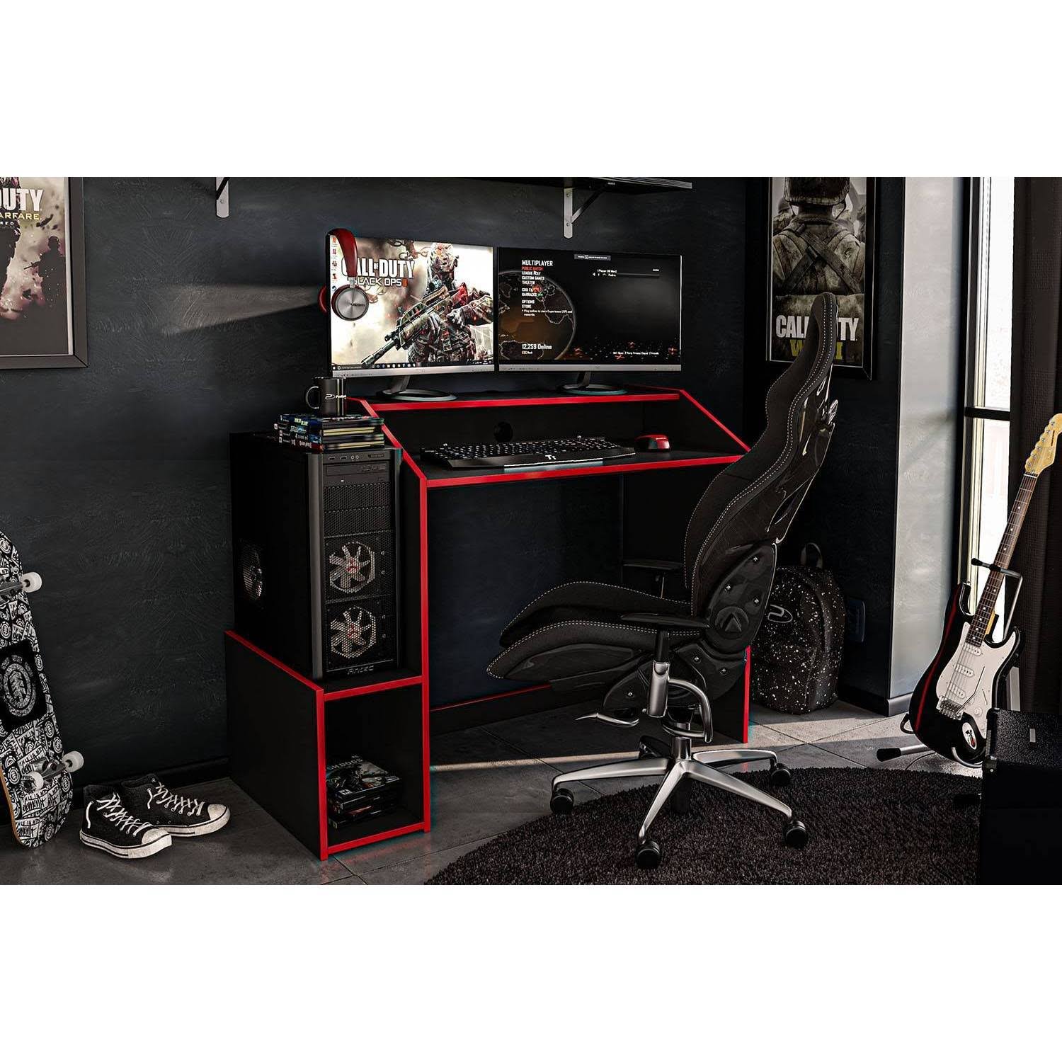 Polifurniture Corporatio Epic 45 in. Black and Red Gaming Desk