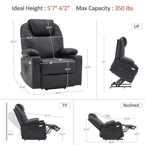 MCombo Power Lift Recliner Chair for Elderly, Lift Chair with Heat and Massage, FSC Certified, USB Ports, Cup Holders, Faux Leather 7040 (Black, Medium)