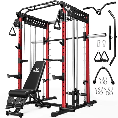M21 Smith Machine, Multi-Function Power Cage with Dual Pulley Cable Crossover System, 2000LBS All-in-One Squat Rack with Smith Bar and Attachments