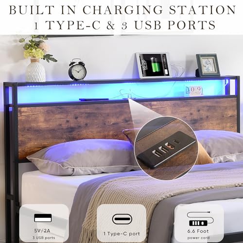 Full Size Bed Frames with 2-tier Shelves Headboard, Storage Drawers & LED Lights, LED Bed Frame w/USB Ports & Outlets, Platform Bed Metal Slats Mattress Foundation No Box Spring Needed