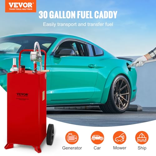 VEVOR Fuel Caddy 30 Gallon, Fuel Storage Tank with Wheels, Portable Gas Caddy with Manual Transfer Pump, Gasoline Diesel Fuel Container for Cars, Lawn Mowers, ATVs, Boats & More, Red