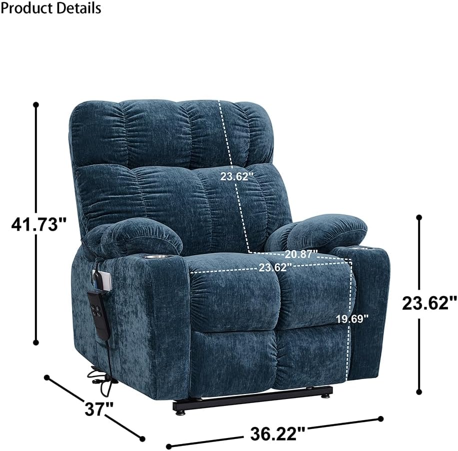 Power Lift Recliner Chair for Elderly, Dual Motor Power Lift Recliner Chair 180 Deg Lay Flat Sleeper Electric Recliner Chair Sofa with Remote Control Massage and Heat Cup Holder For Home Office Blue