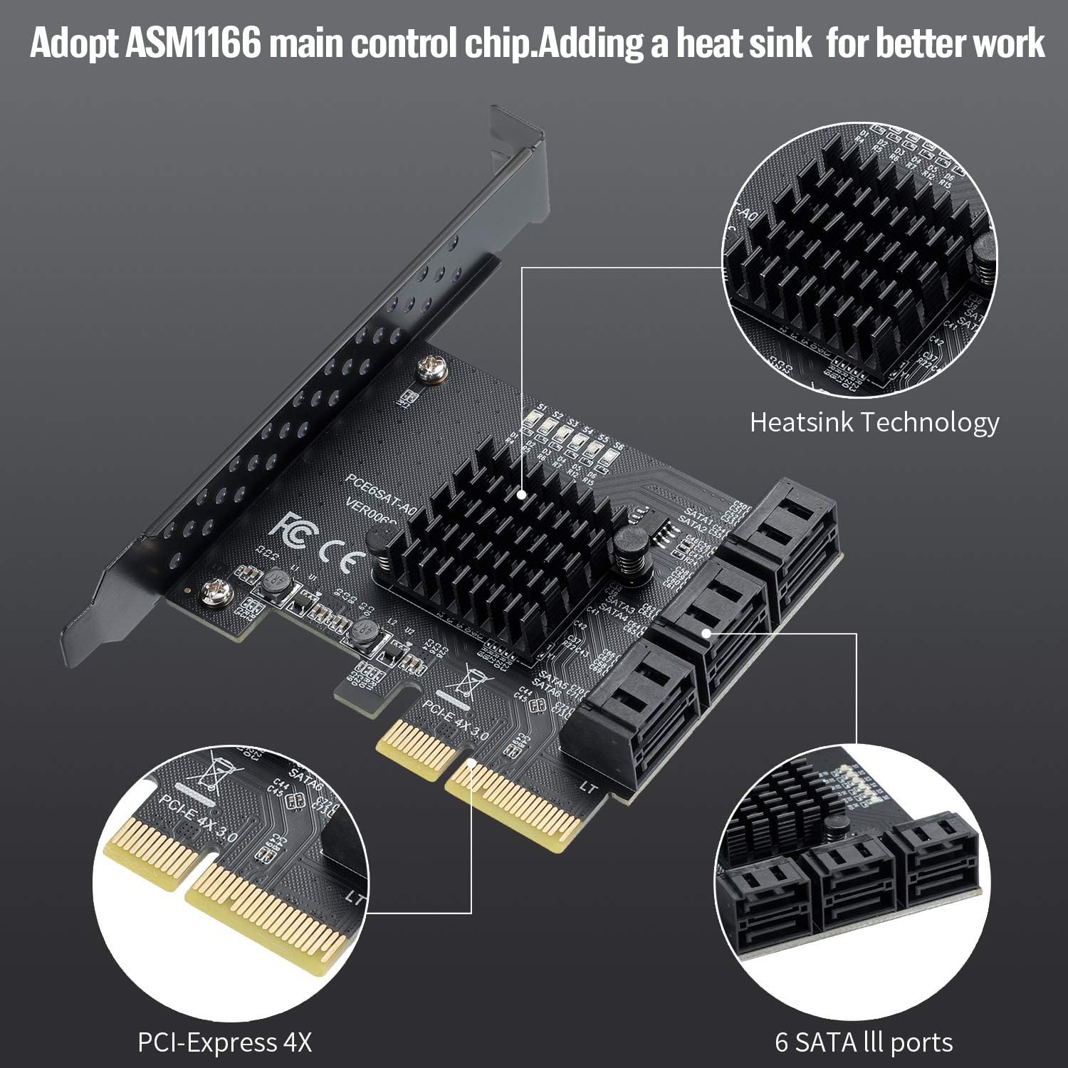 BEYIMEI PCIe 4X SATA Card 6 Ports,SATA III 6 Gbps Controller Expansion Card, ASM1166/SATA 3.0 Non-Raid,with 6 SATA Cables, (Support 6 SATA 3.0 Devices) Pack of 2
