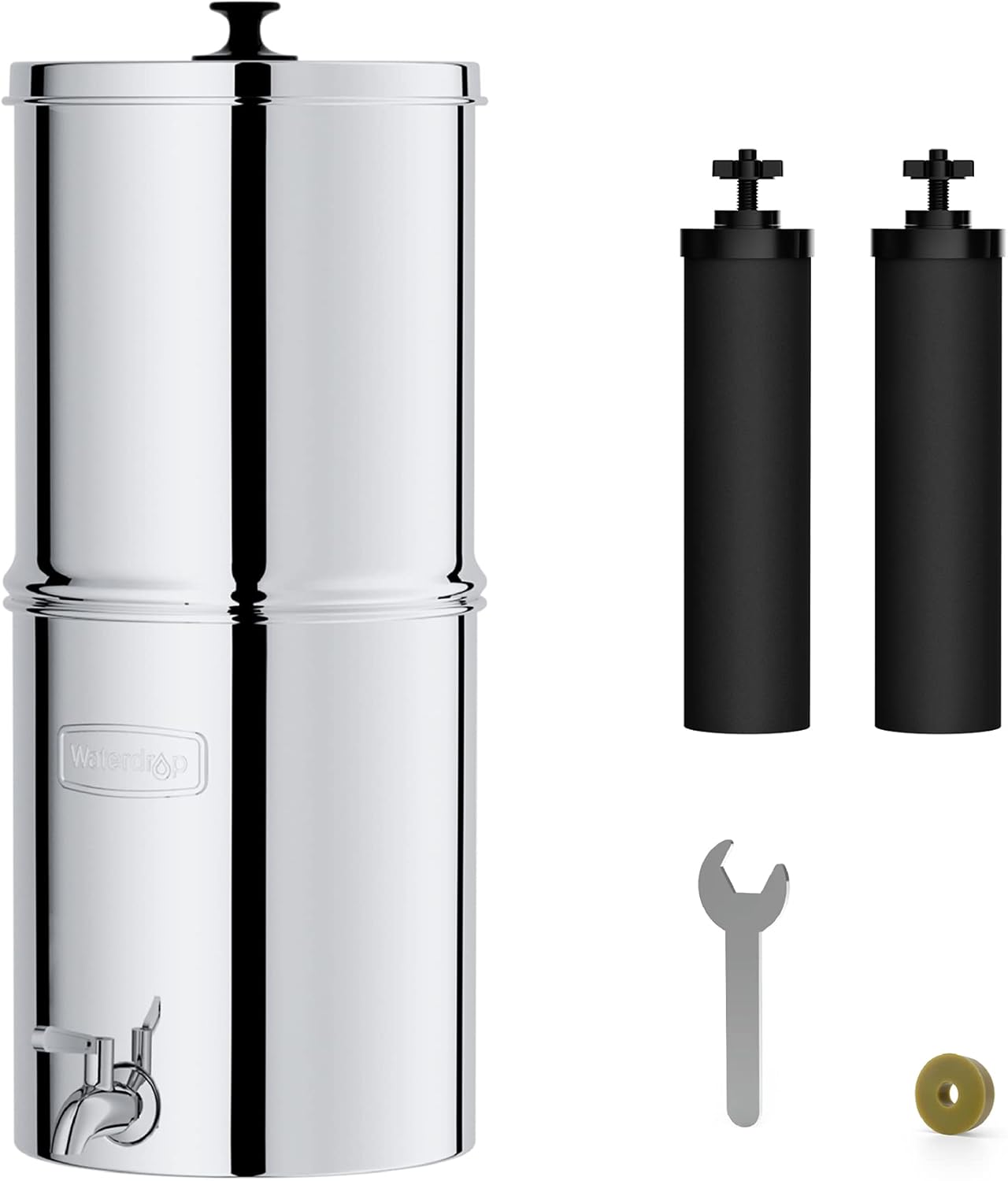 Waterdrop Gravity-fed Water Filter System with 2 Black Carbon Filters, Metal Spigot, Stainless Steel Stand and Water Level Spigot