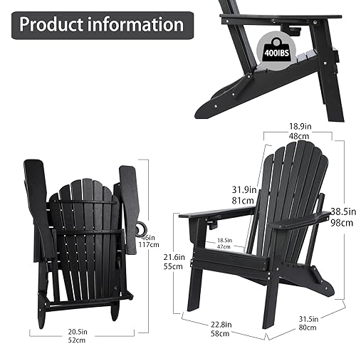 Folding Adirondack Chair,SGS Tested,Wooden Textured with Cup Holder,Widened Heavy All-Weather HDPE Comfortable Seating for Ourdoor Teak