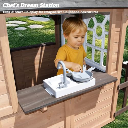 Kids Playhouse Outdoor,Wooden Play House Playset for Kids, Large, Sturdy, Realistic Design with Kitchen, Doorbell, Flower Pot, Stove, Sink & Clock, Perfect for Kid Ages 3-8 (Gray)