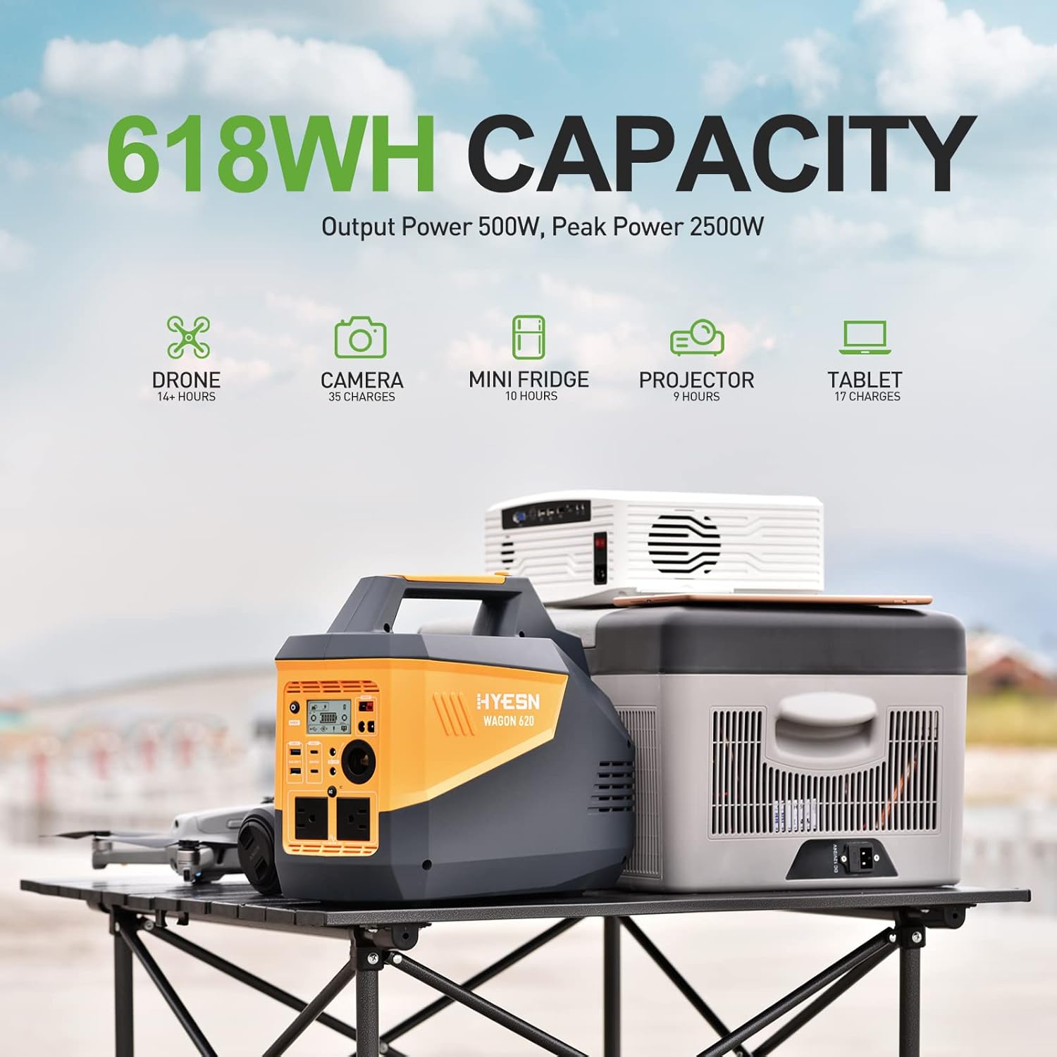 HYESN Portable Power Station 500W Outdoor Solar Generators 618Wh Backup Lithium Battery Power Multiple Devices, Peak 2500W Pure Sine Wave 110V AC Outlet for CPAP Camping Adventure Emergency