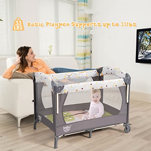 BABY JOY 4 in 1 Pack and Play, Baby Bedside Sleeper with Bassinet, 3 Adjustable Heights, Music Box, Easy to Install, Foldable Bedside Crib w/Changing Table, Playards from Newborn to Toddlers