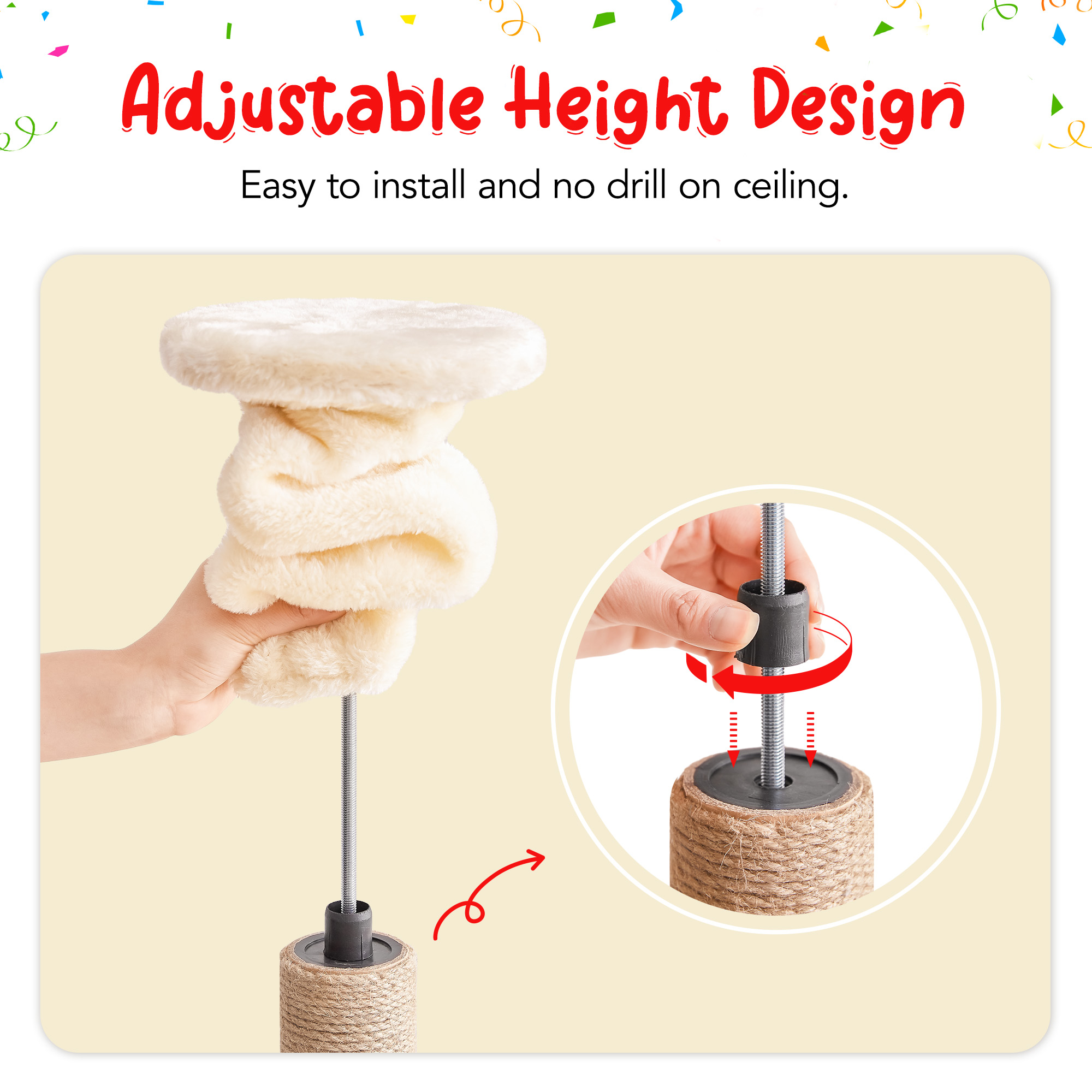 Furcato 92.1"-101.6" Adjustable Height Cat Tree, Floor to Ceiling Cat Tower, 7 Tiers Cat Climbing Tree with Hammock, Fully Sisal Scratching Posts for Indoor Cats, Beige