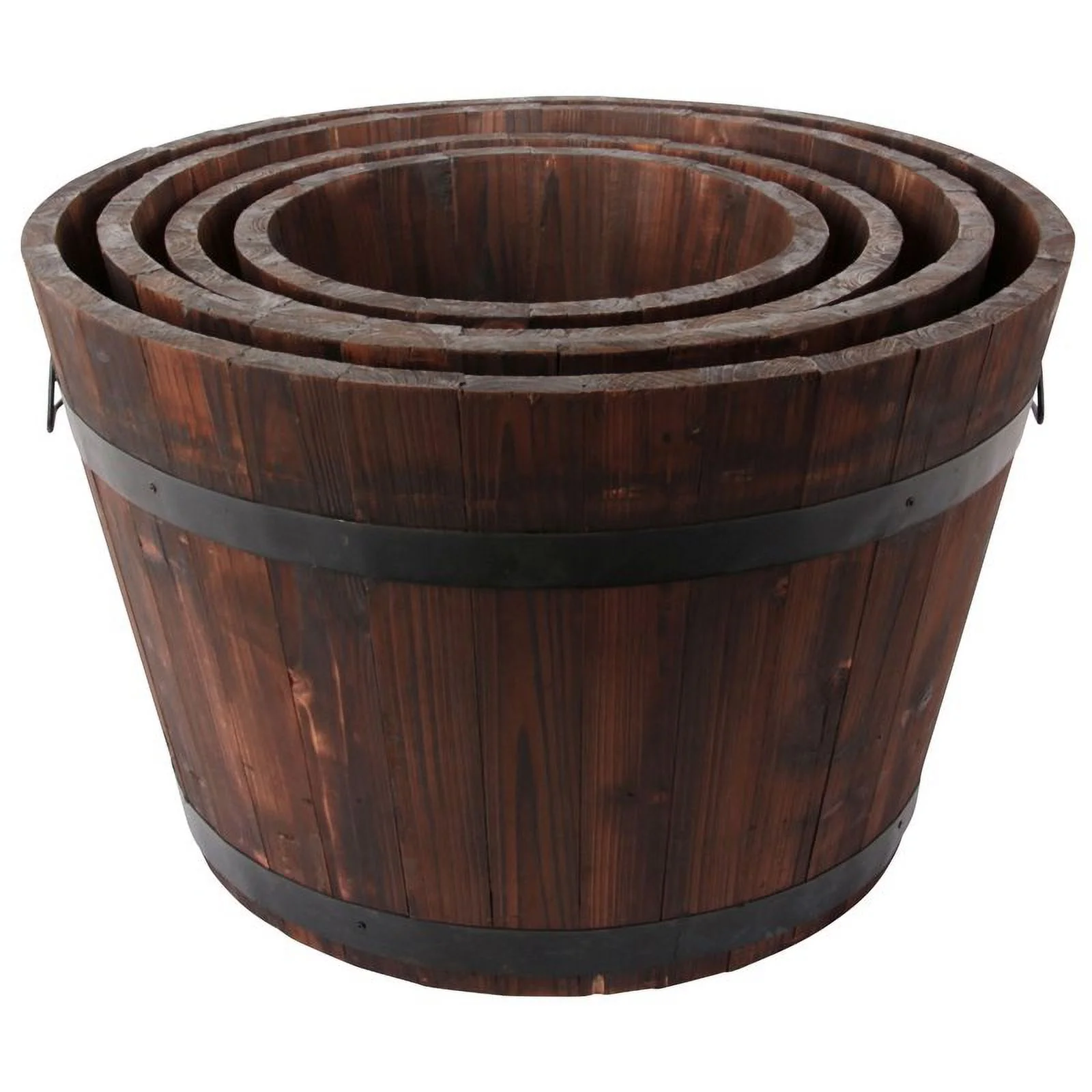 Leisure Season Large Barrel Style Round Wood Planters in Medium Brown (Set of 4)