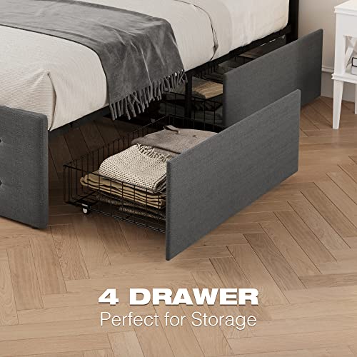 Queen Frame with 4 Storage Drawers,Grey Queen Size Upholstered Platform Bed Frame with Headboard and Wooden Slats Support No Box Spring Needed