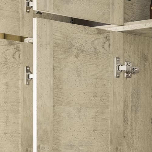 ECACAD Large Wardrobe Armoire with Multi-Tier Shelves, 3 Drawers, Hanging Rod & 3 Louver Doors, Wooden Closet Storage Cabinet for Bedroom, Light Brown (44.3”W x 19”D x 70.9”H)