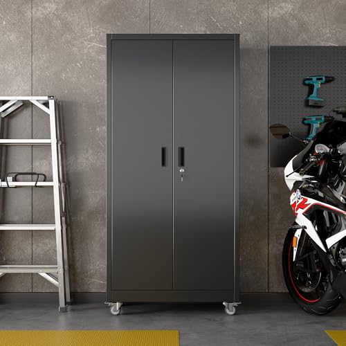 Aobabo Garage Storage Cabinet with Wheels,72" H Metal Storage Cabinet with 2 Doors and 4 Adjustable Shelves for Garage Home, Black,Required-Assembly