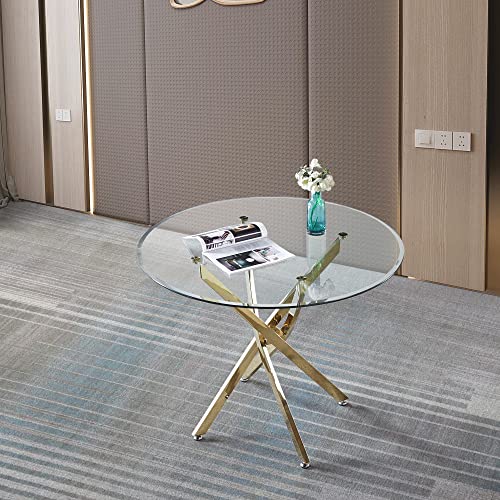 Glass Dining Table Set for 4, 5 Piece Kitchen & Dining Room Set, Modern Kitchen Table and Chairs Set with 36" Round Glass Table and 4 White Silver PU Leather Chairs for Dining Room Kitchen