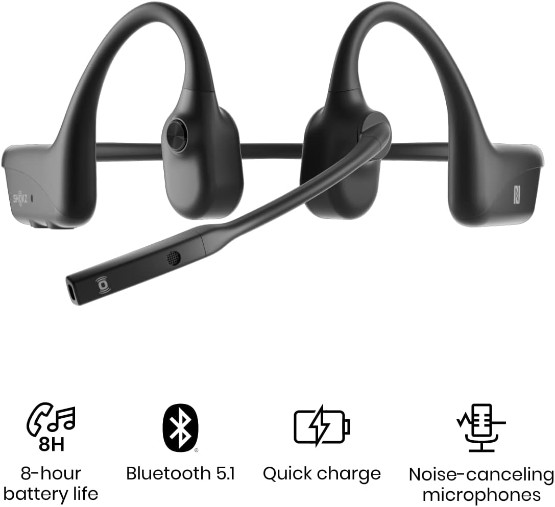 Shokz OpenComm Bone Conduction Open-Ear Stereo Bluetooth Headset With Noise-Canceling Boom Microphone - Wireless Headset For Mobile Use, with Bookmark